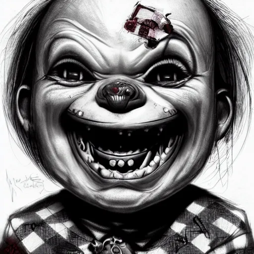 Prompt: surrealism grunge cartoon portrait sketch of chucky with a wide smile, by michael karcz, loony toons style, freddy krueger style, horror theme, detailed, elegant, intricate