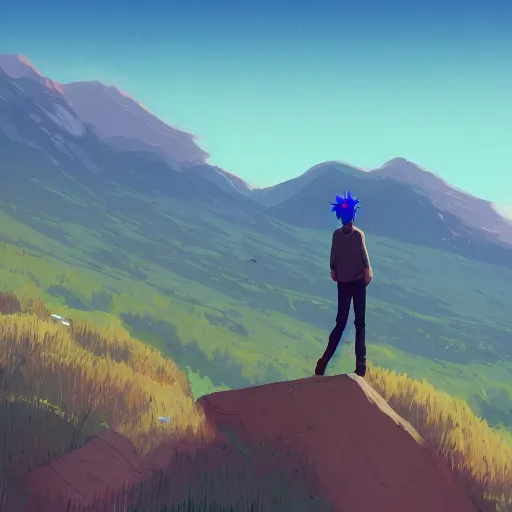 Prompt: teen boy, blue hair, standing on a ledge, fields and mountains in the background, highly detailed, artstation, by makoto shinkai and thomas kindle and James gilleard