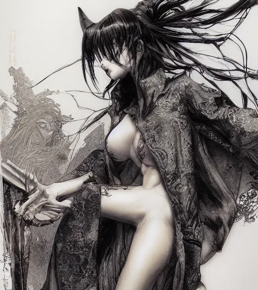 Image similar to portrait of anime succubus with long hair wearing a dark robe, pen and ink, intricate line drawings, by craig mullins, ruan jia, kentaro miura, greg rutkowski, loundraw