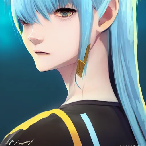 Image similar to profile shot of rimuru tempest looking forward, sky blue hair, ponytail, pretty, long bangs, gold eyes, black jacket with white stripes and a high collar, highly detailed, unreal engine 5, digital painting, concept art, cinematic, wlop | artgerm, pixiv, ilya kuvshinov, greg rutkowski, yoshitaka amano