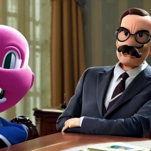 Image similar to Nintendo Waluigi sitting menacingly and powerfully in a chair as Francis Underwood in House of Cards