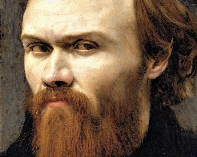 Image similar to a close up of dostoyevsky as an exhausted painter in his studio by edgar maxence and caravaggio and michael whelan, intricate painting, hyper realistic, extremely detailed and beautiful aesthetic face, 8 k resolution