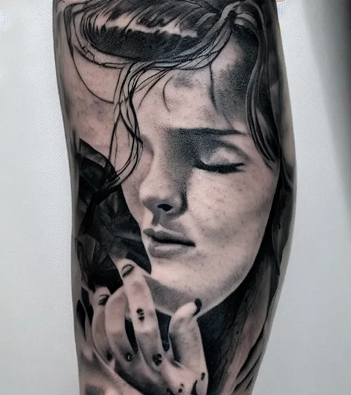 Image similar to a beautiful girl faded in a mountain background, realism tattoo, in the style of den yakovlev, black and white, hyper realistic, highly detailed