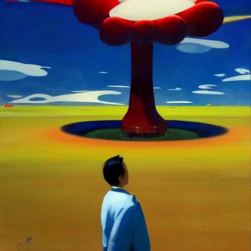 Prompt: Giant objects of amusement fly through the air, as a tornado approaches, by Takashi Murakami, Edward Hopper, Bo Bartlett, and Cynthia Sheppard, Artstation