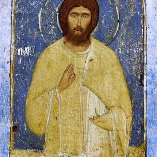 Image similar to realistic medieval painting portrait of white angel with clean narrow face like noface, 3 / 4, miracle light coming up from the head up and up, misty space, grace and blessing, by theophanes the greek, by andrei rublev, renaissance, christianity, marble stone, glow effect, white background