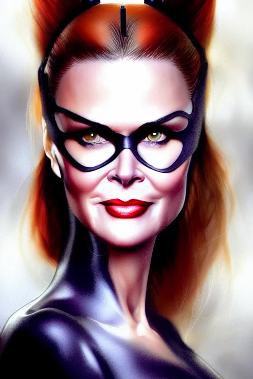 Image similar to portrait of a mix of beautiful young maria shriver, mariel hemmingway, brooke shields, nicole kidman and elle macpherson as catwoman, thin lips, hair tied up in a pony tail, colorful artstation, cgsociety