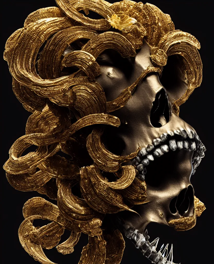 Image similar to black background. goddess princess face close-up portrait ram skull. sculpture made of gold and black charcoal. jellyfish phoenix head, nautilus, orchid, skull, betta fish, bioluminiscent creatures, intricate artwork by Tooth Wu and wlop and beeple. octane render, trending on artstation, greg rutkowski very coherent symmetrical artwork. cinematic, hyper realism, high detail, octane render, 8k