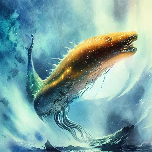 Prompt: a long deep sea creature that glows in the dark, realistic, digital art, illustration, vibrant watercolor, cold lighting, wenjun lin, reflections, refractions, film grain