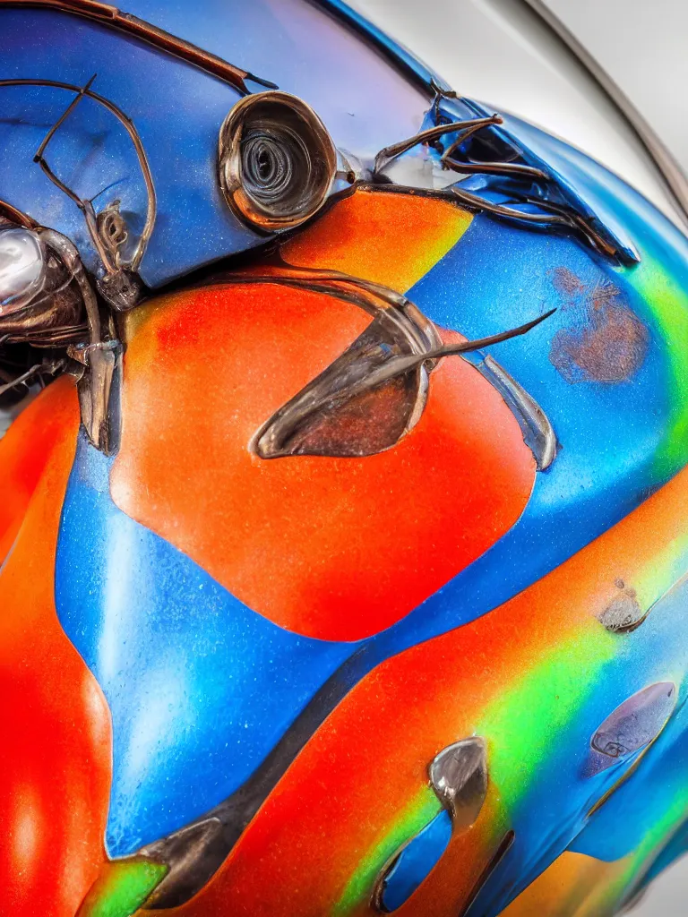 Prompt: complementary color scheme. close - up shot of a beautiful beetle. insect eyes. macro of a beautiful insect. studio photography high quality highly detailed award winning photograph by national geographic. vibrant colors. sculpture by antonio canova. futuristic motorcycle. soft volumetric light, smooth gradient.