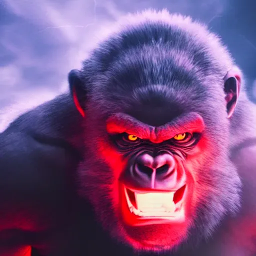Prompt: Still Image of an Angry Gorilla going Super Saiyan, glowing eyes, realistic, 4k, detailed