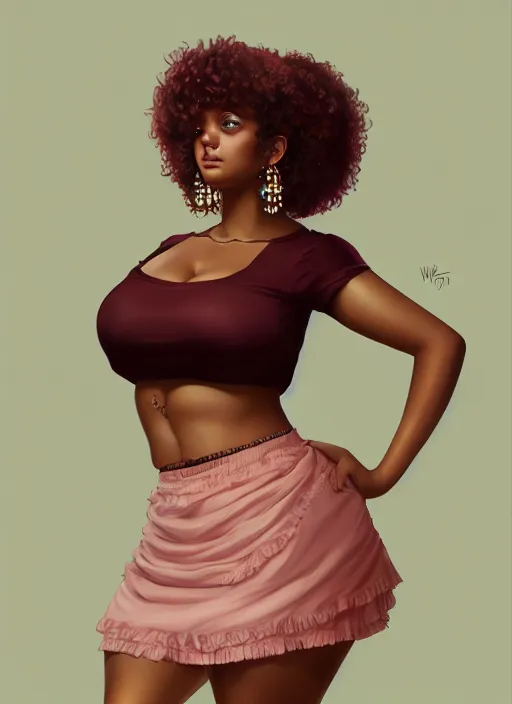 Image similar to full body portrait, teenage vanessa morgan, pink hair, brown skin, obese, curly pixie hair, sultry, realistic, short hair, hoop earrings, skirt, shirt, fat, belly, intricate, elegant, highly detailed, digital painting, artstation, concept art, smooth, sharp focus, illustration, art by wlop, mars ravelo and greg rutkowski