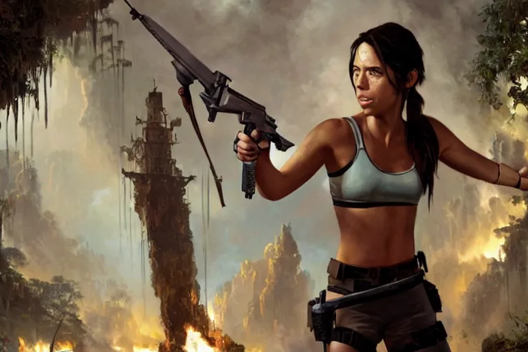 Image similar to film still of aubrey plaza as lara croft, an oil painting by ross tran and thomas kincade