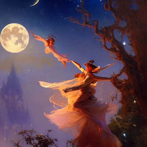 Image similar to attractive witch magically flying trough the night, fantasy, full moon in background. highly detailed painting by gaston bussiere, craig mullins, j. c. leyendecker 8 k