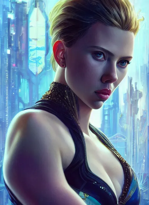 Image similar to full length photo of scarlett johansson the cover of sports illustrated 1 9 6 5, cyberpunk, science fiction, intricate, elegant, highly detailed, digital painting, artstation, concept art, matte, sharp focus, illustration, hearthstone, art by artgerm and greg rutkowski and alphonse mucha