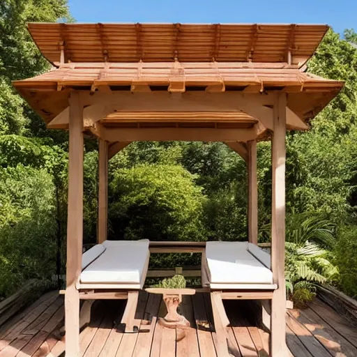 Prompt: roofed elevated veranda of a brown wooden summerhouse with a white swinging garden hammock