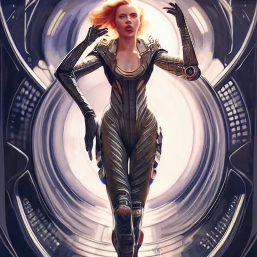 Image similar to scarlett johansson in ornate futuristic sci - fi armor, expressive pose, intricate, elegant, highly detailed, digital painting, artstation, concept art, smooth, sharp focus, illustration, art by artgerm and greg rutkowski and alphonse mucha