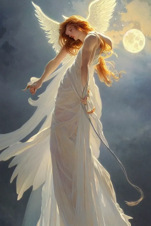 Image similar to Angels in white gauze dresses, the glow of the moonlight, fantasy, intricate, elegant, highly detailed, digital painting, artstation, concept art, matte, sharp focus, illustration, art by Artgerm and Greg Rutkowski and Alphonse Mucha