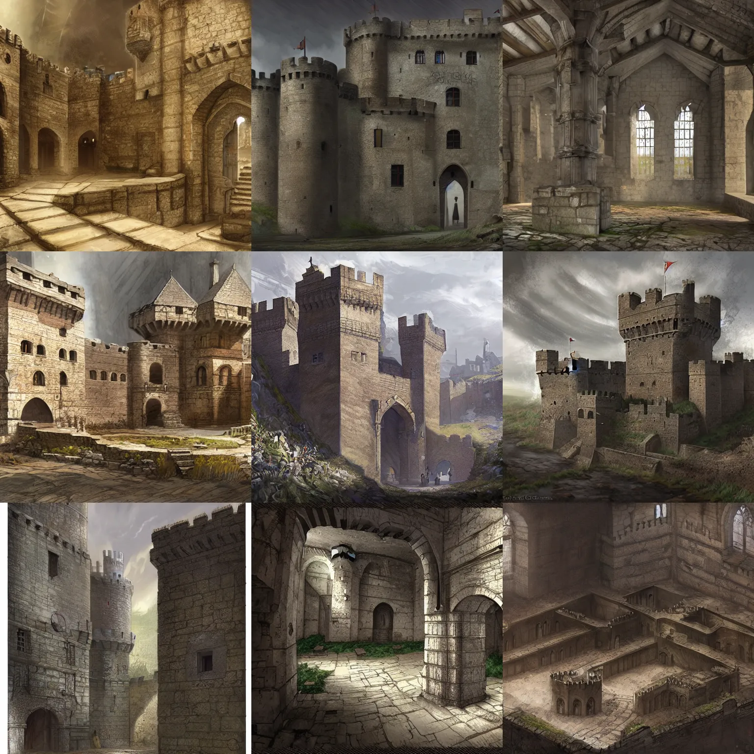 Prompt: inner ward of a medieval castle, concept art, key visual, very detailed, realistic, digital art