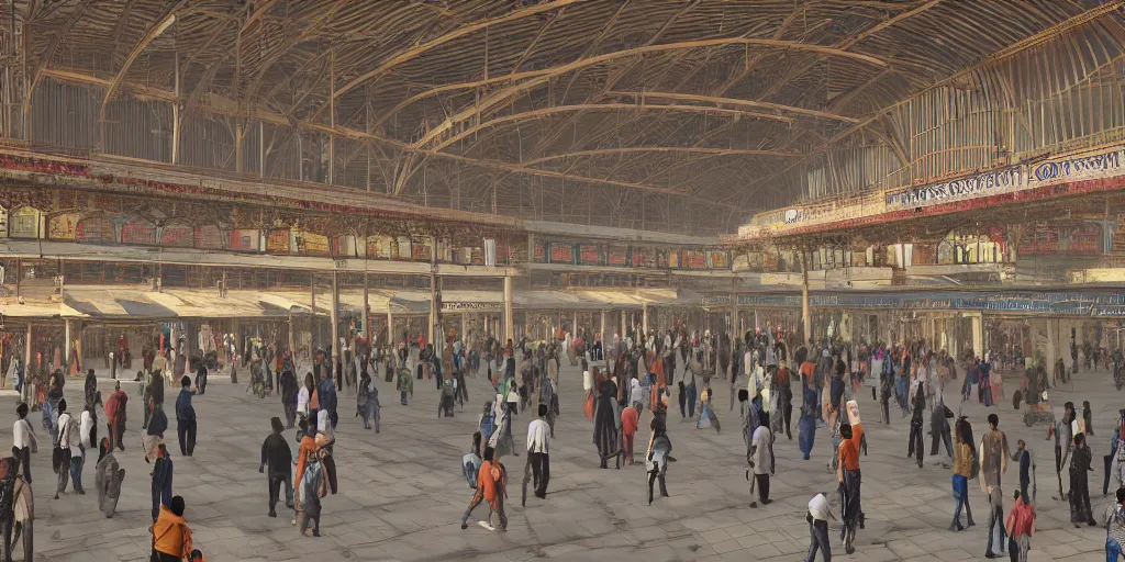 Image similar to establishing shot, interior of an india railway station, bustling with people, sharp focus, unreal engine, octane render, aesthetic