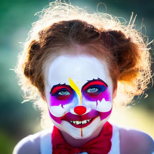 Image similar to A portrait of a girl who has face-painting like a clown smiling creepily. Depth of field. Lens flare