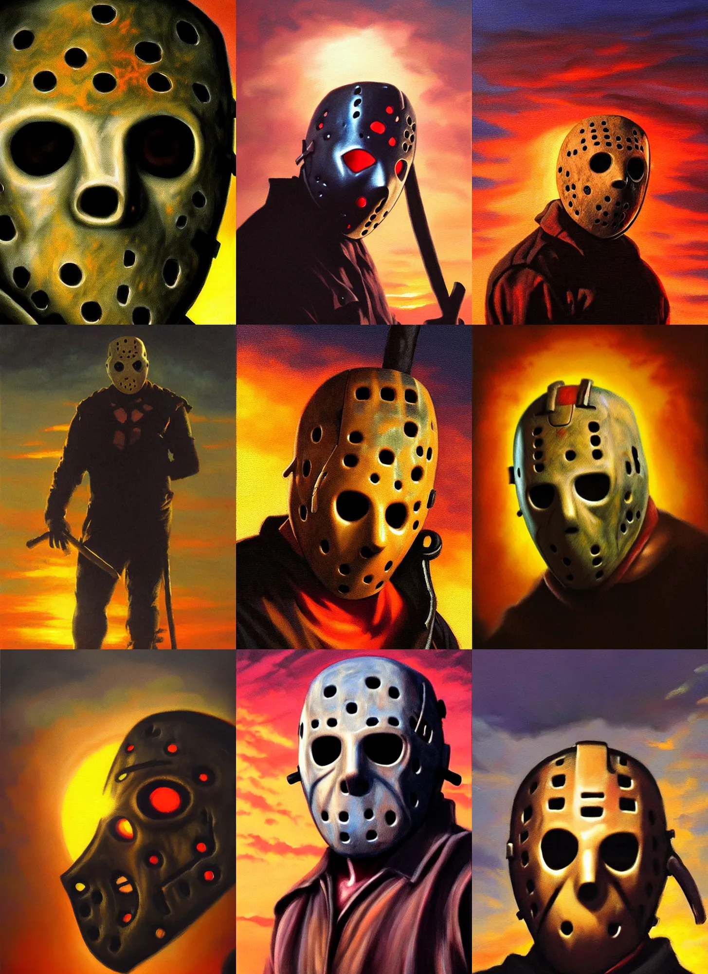 Prompt: macro head shot, jason voorhees, dramatic sunset, cinematic, backlighting, oil painting by frazetta