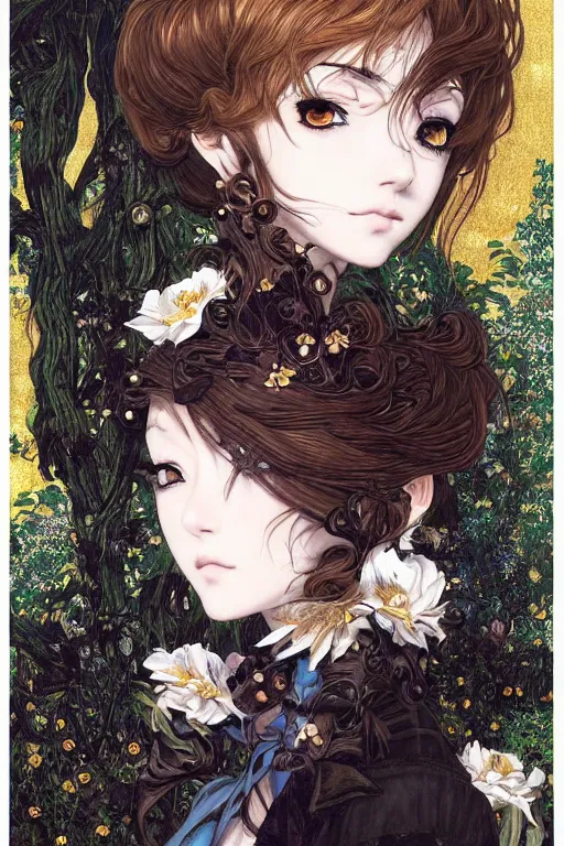 Image similar to portrait of beautiful young gothic anime maiden, cute-fine-face, pretty face, realistic shaded Perfect face, fine details. Anime, cyberpunk, Warhammer, highly detailed, artstation, illustration, art by Ilya Kuvshinov and Gustav Klimt and Gustav Klimt and Gustav Klimt and Gustav Klimt and Gustav Klimt and Gustav Klimt