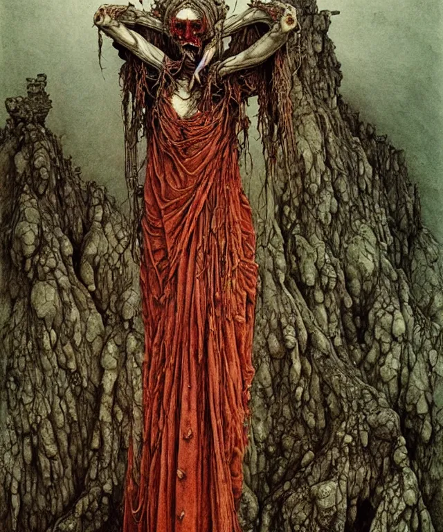 Image similar to a detailed creepy woman with many joints and arms stands among the hills. wearing a ripped mantle, robe. perfect faces, extremely high details, realistic, fantasy art, solo, masterpiece, art by zdzislaw beksinski, arthur rackham, dariusz zawadzki, hermann nitsch