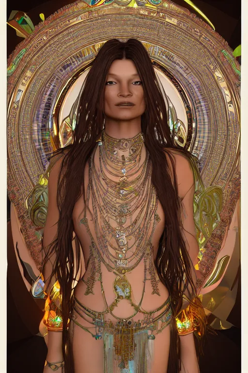 Image similar to a photo of a beautiful indian ancient alien woman goddess kate moss in jewelery and fractals in style of alphonse mucha art nuvo trending on artstation made in unreal engine 4 octane render in 8 k