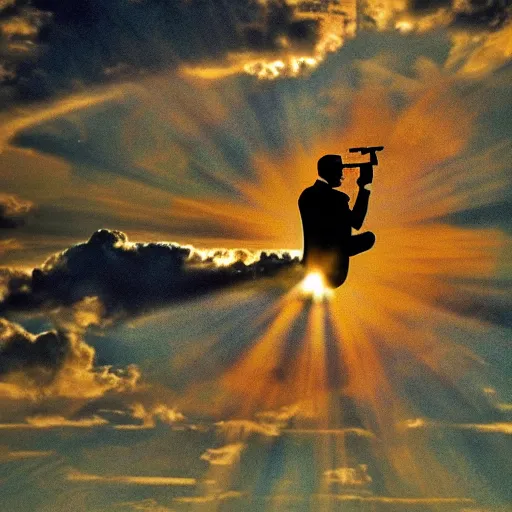 Image similar to a man with a pistol, shooting the sun out of the sky, surreal