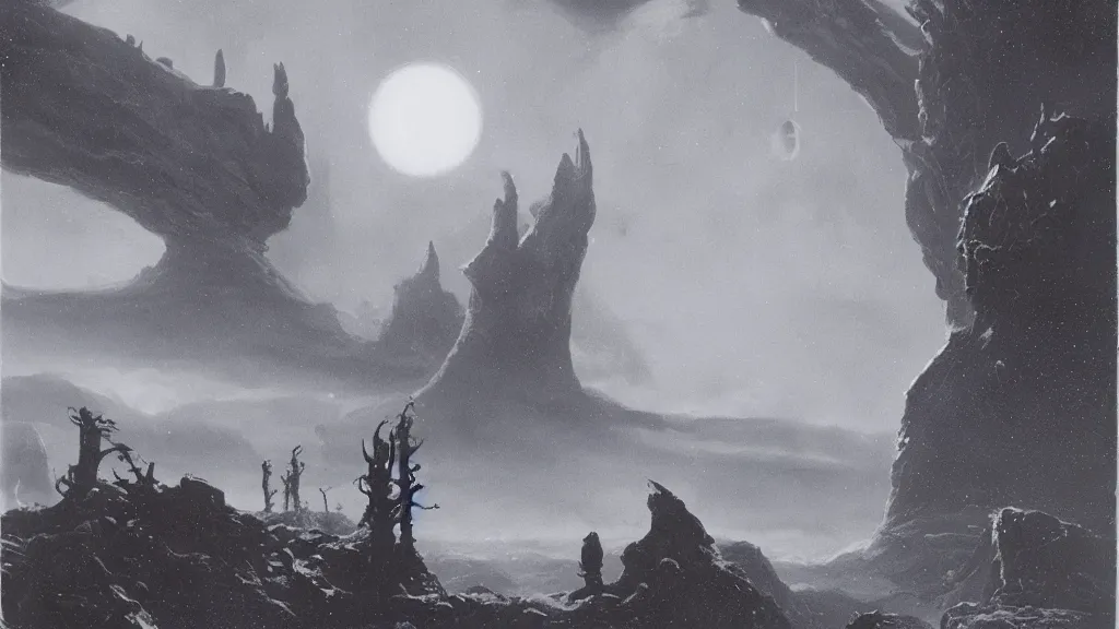 Image similar to eerie atmospheric alien planet by paul lehr and jack gaughan and john schoenherr, epic cinematic matte painting