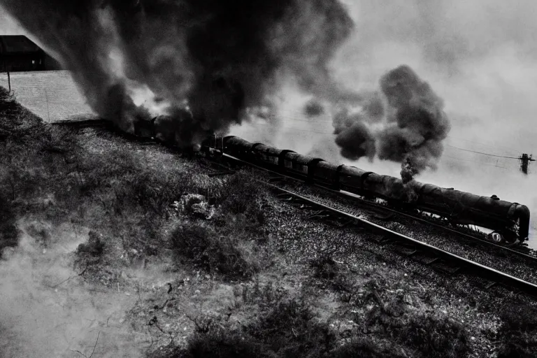 Image similar to black and white photograph of snowpiercer thundering down the rails at high speed, black smoke coming from the locomotive, cinematic, volumetric light, f 6 aperture, cinematic eastman 5 3 8 4 film