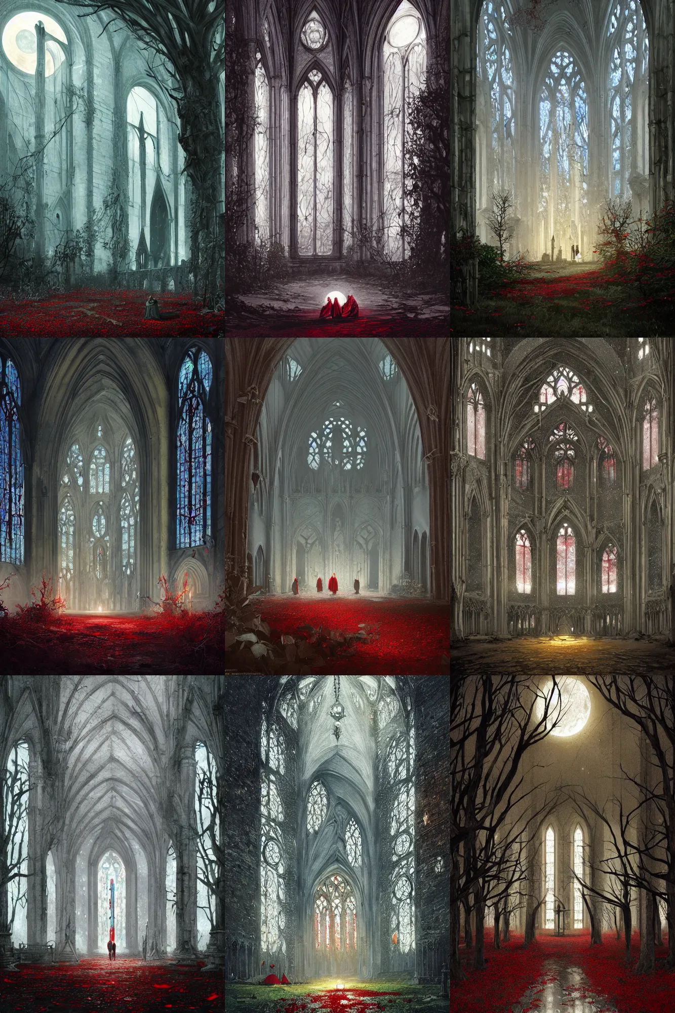 Prompt: interior of the old cathedral, stained glass, gothic style,trees, bushes, dark mood, white flowers, red grass, damaged floor, night, moon light, camp, greg rutkowski, fantasy, detailed illustration, hd, 4k, digital art, overdetailed art, concept art, trending on artstation