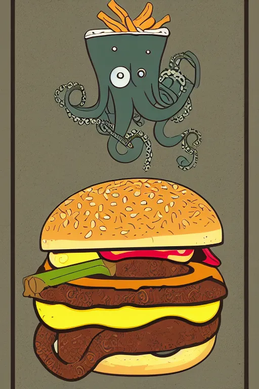Image similar to illustration of a an octopus inside a cheeseburger, poster, highly detailed, 8 k, vintage, vectorized, trending on artstation