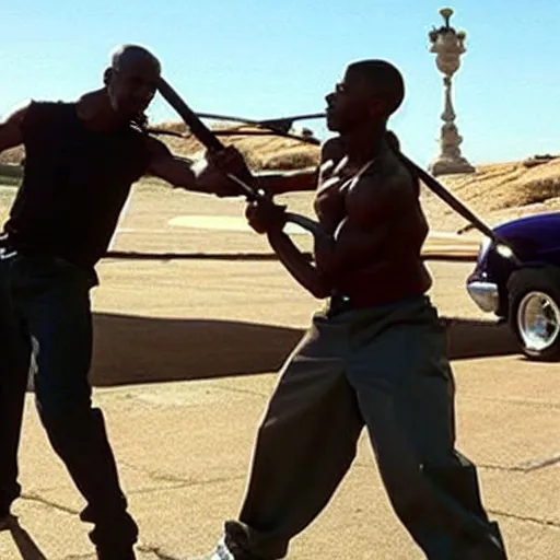 Prompt: tupac having an epic swordfight with obama, cinematography, action movie