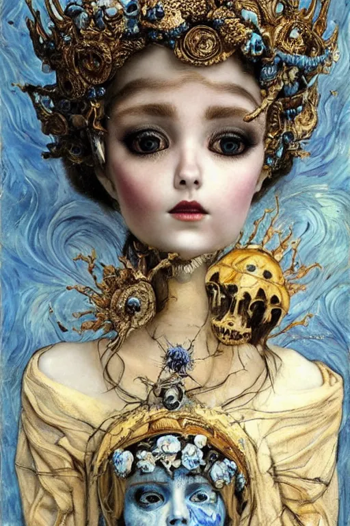 Prompt: The Princess of Bones by Karol Bak, Jean Deville, Gustav Klimt, and Vincent Van Gogh, portrait of a porcelain doll princess wearing a crown, beautiful porcelain ball-joint doll face, BJD, pale blue eyes, mystic eye, otherworldly, crown made of bones, ornate jeweled crown, skulls, fractal structures, arcane, inscribed runes, infernal relics, ornate gilded medieval icon, third eye, spirals, rich deep moody colors