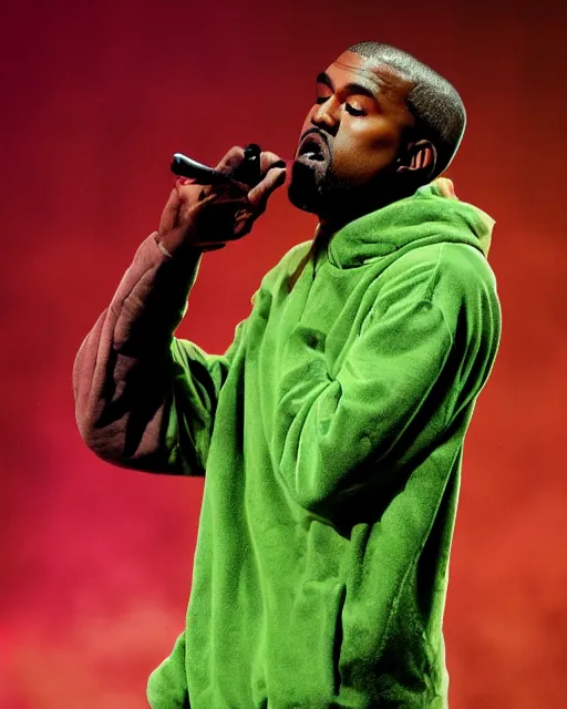 Image similar to kanye rapping on stage but he's covered in green slime