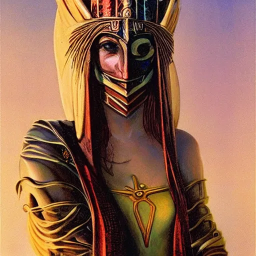 Prompt: seductive, clothed science fiction mutant byzantine priestess with long neck and geometric headdress and mask, by boris vallejo, deak ferrand, and greg rutkowski