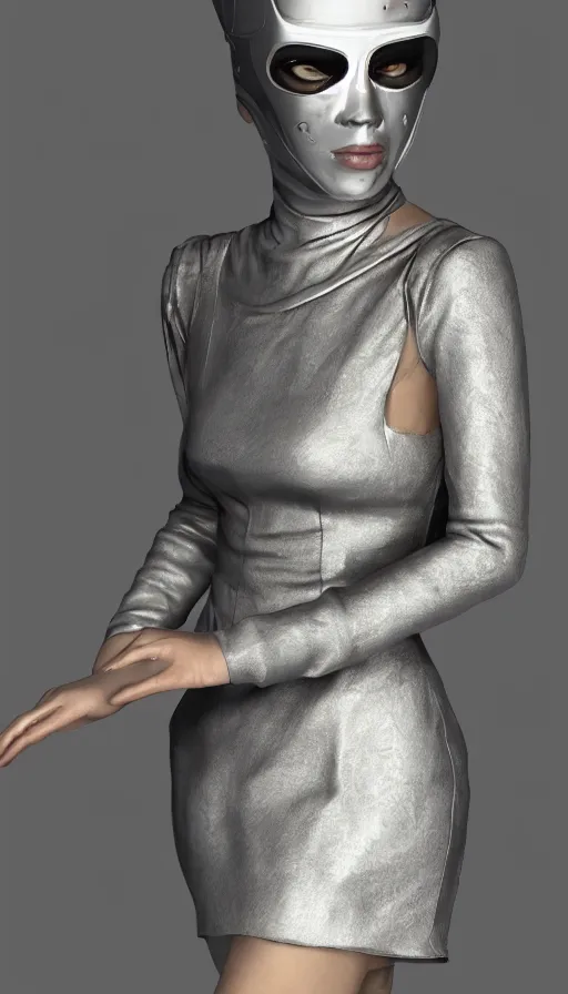 Image similar to a woman wearing a silver dress and a silver mask, cyberpunk art by zhou fang, cgsociety, computer art, daz 3 d, zbrush, rendered in maya