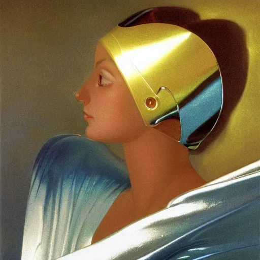 Image similar to a chrome woman's face in flowing sheets of cobalt blue gold chrome silver satin mirror foil, by moebius syd mead roger dean wojciech siudmak donato giancola yoshitaka amano michael cheval ivan aivazovsky jan de heem pieter claesz paul delaroche alma tadema aelbert cuyp, hyperrealistic volumetric light render