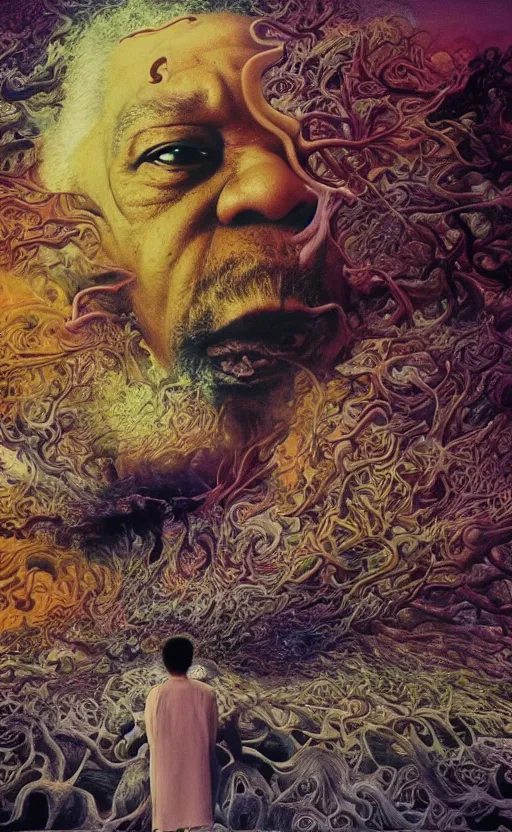 Prompt: ultrawide angle colour masterpiece surreal closeup portrait photography of morgan freeman playing on stage by miho hirano and annie leibovitz and michael cheval, weird surreal epic psychedelic complex biomorphic 3 d fractal landscape in background by kilian eng and roger dean and salvador dali and beksinski, 8 k