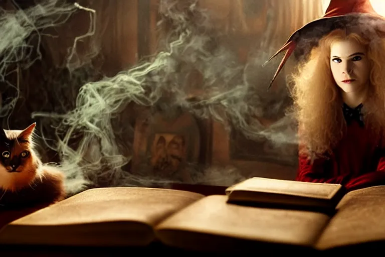 Prompt: close up portrait, dramatic lighting, teen alice witch casting a spell over a large open book on a table with,, cat on the table in front of her, sage smoke, a witch hat cloak, apothecary shelves in the background, still from tim burton movie