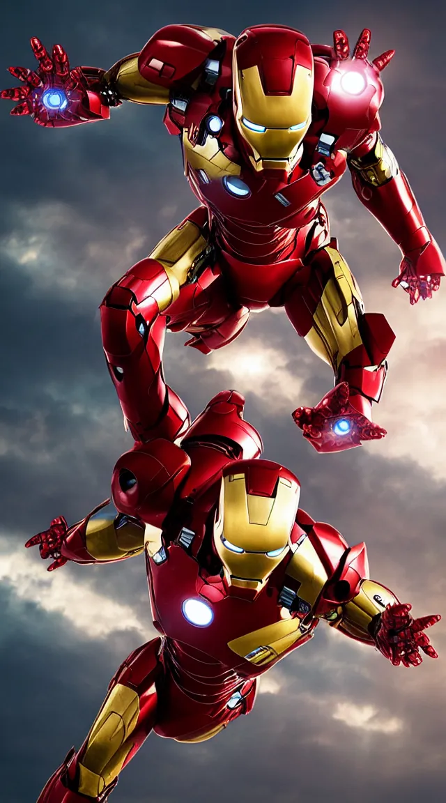 Image similar to Iron man in a hellish suit, novie frame, cinematic lighting