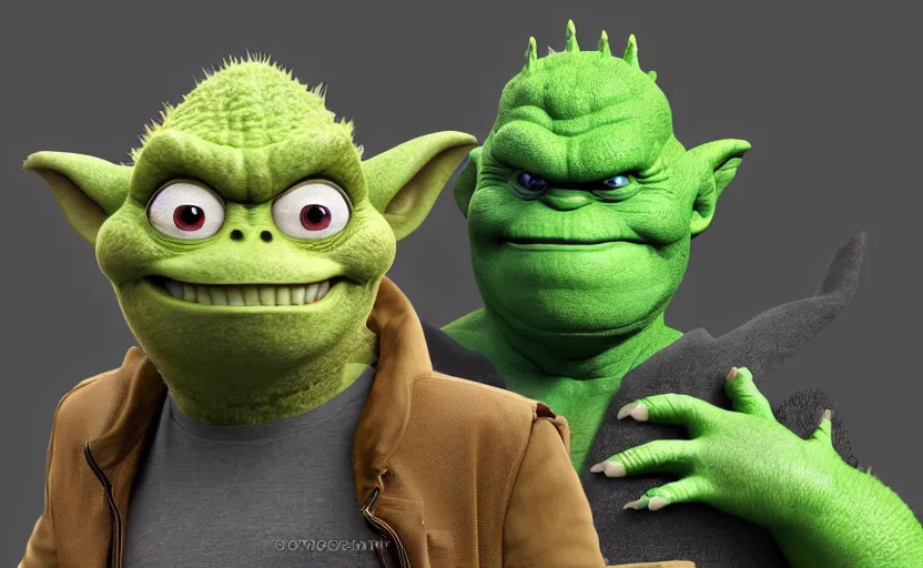 Image similar to elon musk godzilla yoda donkey kong pikachu yeti shrek super mario homer groot waluigi darth vader mike wazowski, highly detailed, extremely high quality, hd, 4 k, 8 k, professional photographer, 4 0 mp, lifelike, top - rated, award winning, cinematic, realistic, detailed lighting, detailed shadows, sharp, no blur, edited, corrected, trending