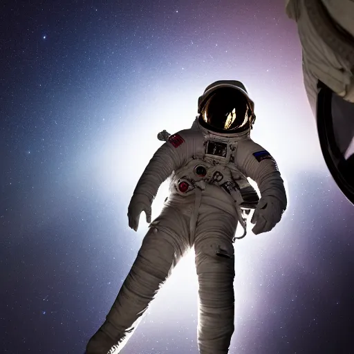 Image similar to photograph of an astronaut, dramatic downlit, against the absolute darkness of space, full body photo,, 8 k