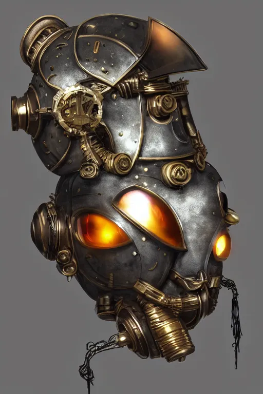 Image similar to steampunk mask minimalist fantasy art robot ninja helmet, global illumination ray tracing hdr fanart arstation by sung choi and eric pfeiffer and gabriel garza and casper konefal radiating a glowing aura