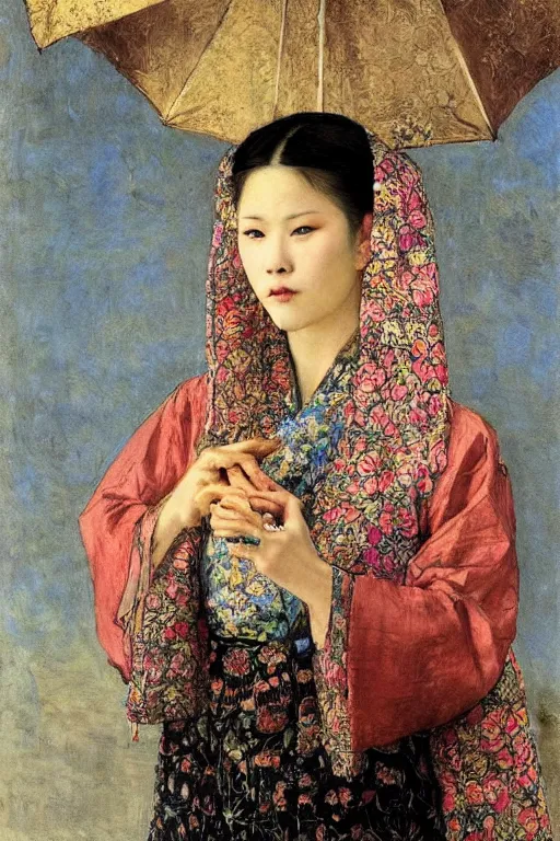 Image similar to close - up fashion asian woman portrait airy flowers sacura cloudy sky art by vasnetsov