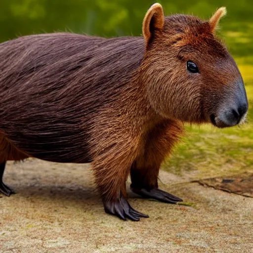 Image similar to a high detail photo of an antropomorphic capybara wearing a suit, subject= duck, subject detail: wearing a suit, photorealism