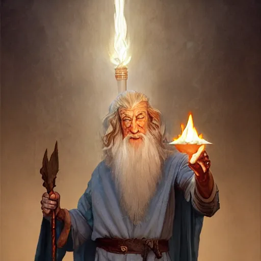 Prompt: Gandalf in the ruins of the temple of old gods holding a torch, featured on artstation, cinematic chiaroscuro, digital art by Leyendecker and Norman Rockwell