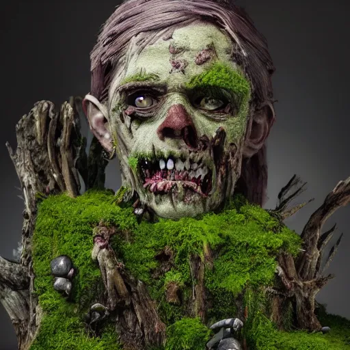 Prompt: a zombie made of driftwood, moss and flowers in New York, cinematic, photo realistic, concept art, well detailed, 8k,