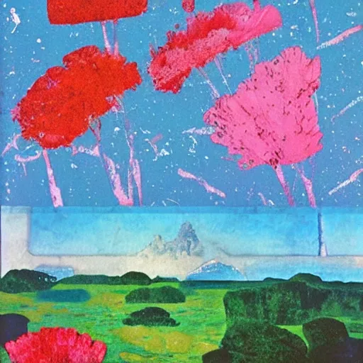 Image similar to leather, fauvist by chris foss robust, emotive. a collage of a beautiful landscape, delicate brushstrokes. peaceful & serene, with a gentle breeze blowing through the trees & flowers. colors are muted & gentle, calm & tranquility. well balanced & harmonious. color & composition, pleasing to the eye & calming to the soul.